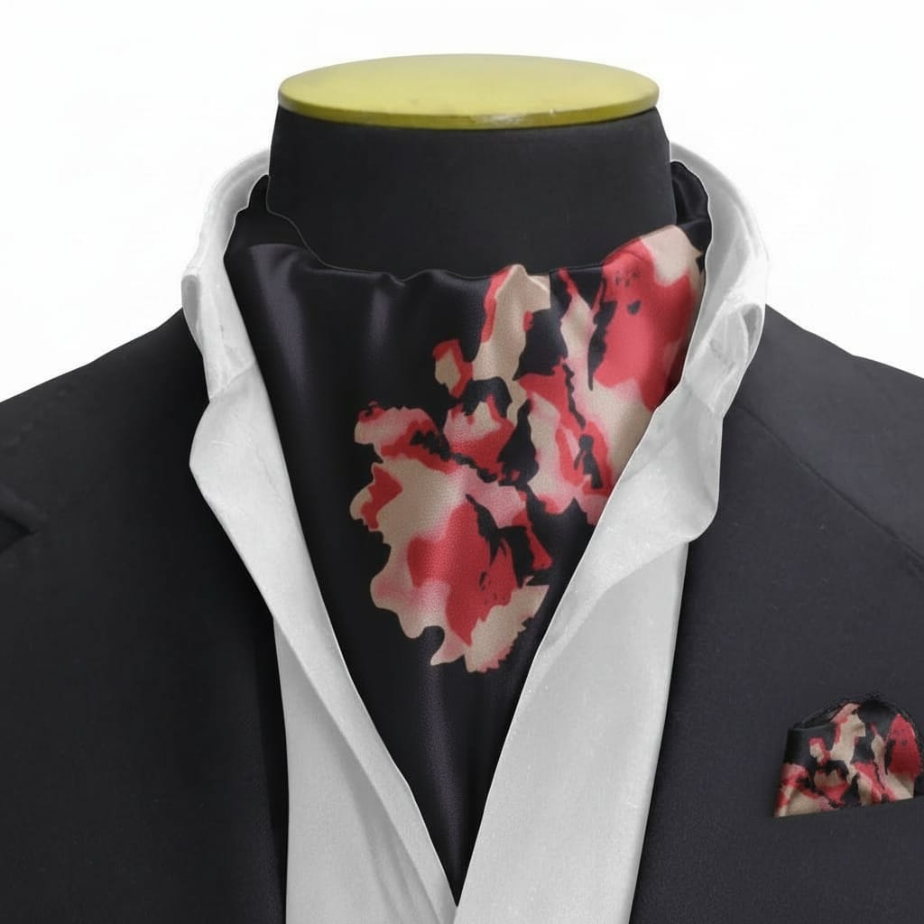 Men's Midnight Crimson Floral Ascot Cravat & Matching Pocket Square Set