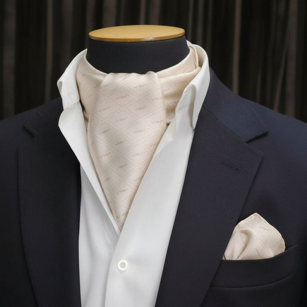 Men’s Champagne Cream Geometric Silk Ascot Cravat & Pocket Square Set