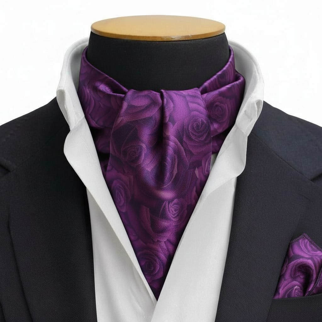 Men’s Deep Violet Midnight Rose Silk Ascot Cravat & Pocket Square Set